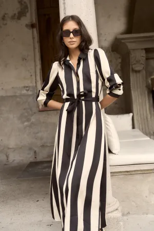 Cyprus Black Sand Stripe Satin LS Shirt Midi Dress